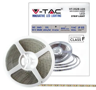 Immagine prodotto di V-TAC VT-3528 Striscia LED 12V SMD3528 5M 8W/M 120LED/M 100LM/W monocolore bianco freddo 6500K IP65 - SKU 212037