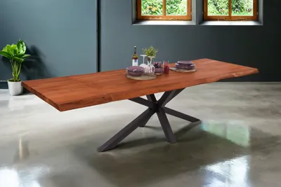 Produktbild von Esstisch Baumkante Akazie nuss 140 (220) x 90 cm Spider-Gestell schwarz mit Ansteckplatten CALI