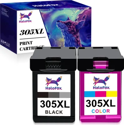A product shot of two printer ink cartridges and their packaging.