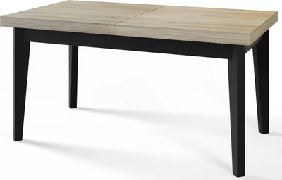 A modern dining table with a light wood top and black legs, shown from a slight angle against a white background.