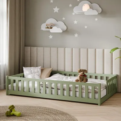 Produktbild von Kids Collective Kinderbett Bodenbett mit Rausfallschutz Lattenrost und Matratze Montessori Bett Bed Gitterbett Kinder Jugendbett Einzelbett | 120x200 cm | Olivgrün
