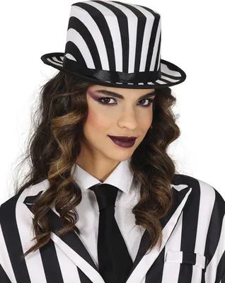 Productafbeelding van Halloween-cilinderhoed, gestreept, 19e eeuw, zwart-wit, elegant, tijdreiskleding, Britse stijl, kleur: wit