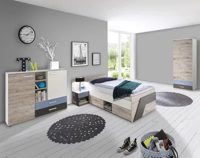 Produktbild von Jugendzimmer Set mit 90x200 cm Bett, 4-teilig mit Kleiderschrank LEEDS-10 in Sandeiche Nb. mit weiß, Lava und Denim Blau
