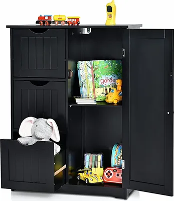 Produktbild von GOPLUS Badezimmerschrank mit Schubladen, Badschrank mit 2 Ablagefächern, Unterstellschrank aus Holz für Badzimmer & Wohnzimmer (Schwarz)