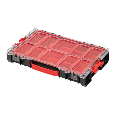 A black and red organizer box with a clear lid is shown against a white background.