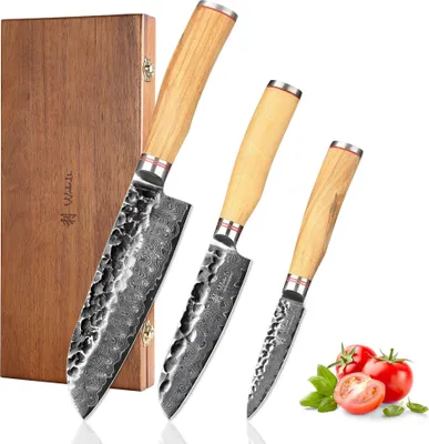 Produktbild von 3er Damastmesser-Set I 9 - 17 cm Klingen I Olivenholzgriffe und Hammerschlag
