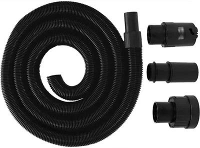 A coiled black flexible hose with three black adapter attachments on the right side, all on a white background.