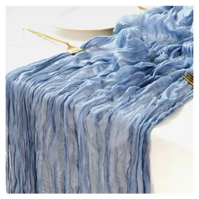 Produktbild von 1 Stück Staubiges Blau Mulltuch Tischläufer 90x300 cm Boho Gaze Läufer für Herbstdekoration, Hochzeit, Party, Babyparty, Geburtstags Tischdekoration