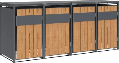 A row of four metal trash bin enclosures with wooden-look doors.