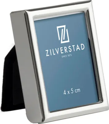 A silver-colored photo frame with a blue insert showing brand information and size.