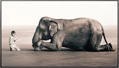 Produktbild von TPFLiving Kunstdruck LW-914 (OHNE RAHMEN) Poster - Leinwand - Wandbild - Hochauflösender Giclée-Druck, langlebig und hochwertig - Kniender Elefant und betendes Kind in braunen Farbtönen - Größe: 30x60cm