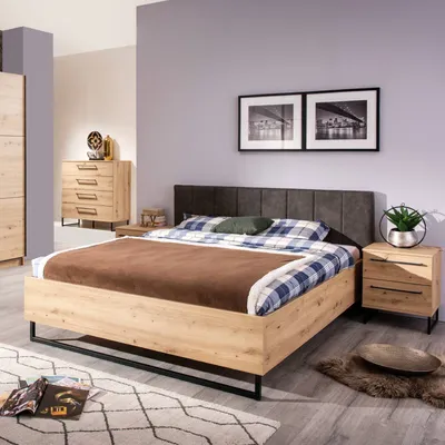 Produktbild von Homestyle4u Holzbett 180x200 Doppelbett mit Lattenrost Natur Eiche Stoff Kopfteil Grau