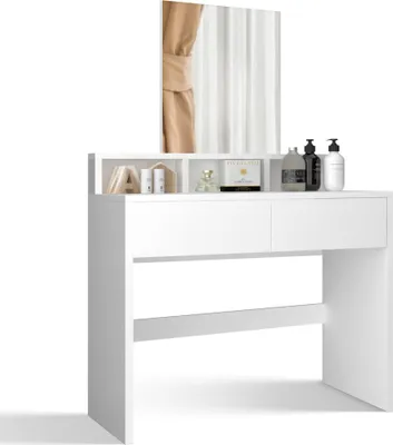 Produktbild von MIADOMODO® Schminktisch -, mit Spiegel, Hocker, 2 Schubladen, Ablagefläche, Edel, Stabil, Platzsparend, Weiß - Vanity Table, Kosmetikti