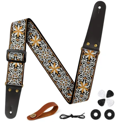 Produktbild von Gitarrengurt E-Gitarre Gurt Bassgitarre - Verstellbar - Bestickte Baumwolle mit Lederenden - 5 cm