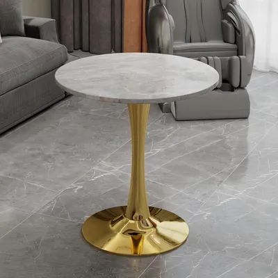 Obrázek produktu pro Kulatý jídelní stůl, konferenční stolek, zlatá barva, 70 cm (27,6 palců), styl Mid Century Modern, vhodný pro 2-4 osoby – vzhled mramoru, světle šedá barva, kovová konstrukce, obývací pokoj