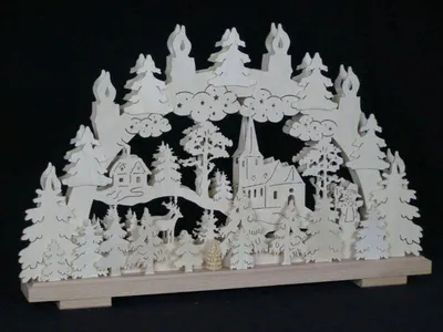 Produktbild von Schwibbogen mit Kirche Rehe und Beleuchtung BxHxT 50x31x7cm NEU