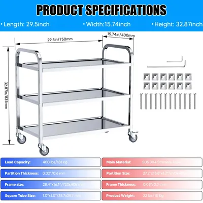 Immagine prodotto di Carrello servitore per la cucina - Carrello mobile con ruote - 3 ripiani - Metallo - Ruote silenziose con ammortizzazione - 75x40x83,5 cm - Ideale per cliniche, hotel, saloni di bellezza