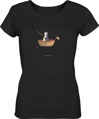 Produktbild von Mr. & Mrs. Panda Baumwoll T-Shirt Damen Pinguin Angelboot Größe S - Schwarz - Geschenk, Sommershirt, Boot, shirt, Neustart, Optimistisch, Pinguine, Basic, Oberteil