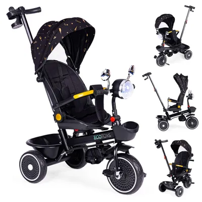 Obrázok produktu pre Trojkolka pre deti, kočík, otočné sedadlo, tlačná tyč, čierna, ECOTOYS