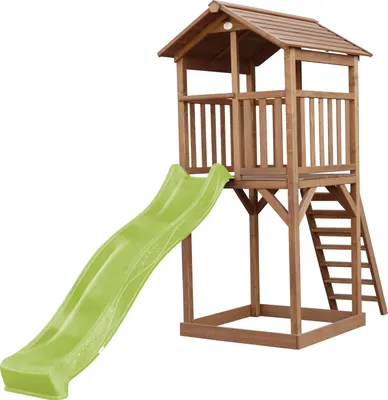 Produktbild von AXI Beach Tower Spielturm aus Holz in Braun | Spielhaus für Kinder mit hellgrüner Rutsche und Sandkasten | Stelzenhaus für den Garten