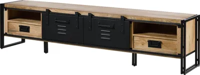 Image de MASSIVMOEBEL24 | Meuble TV en bois de Manguier 240x45x55  laqué naturel clair / métal noir BLACKBURN #555