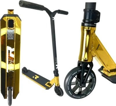 A gold and black stunt scooter is displayed against a white background, with different parts of the scooter shown in separate views.
