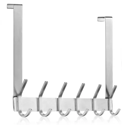 Image de Porte-manteau suspendu en acier inoxydable, sans perçage, crochets pour portes battantes, barre de porte en acier inoxydable avec 6 crochets pour la cuisine et la salle de bains (argenté, épaisseur 2,1 cm)