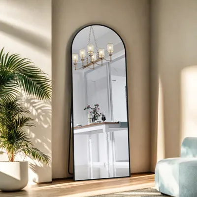 Zdjęcie produktu dla Lustro łukowe pełnej długości 162x53cm duże lustro wolnostojące czarna rama aluminiowa lustro garderobiane lustro naścienne do salonu sypialni
