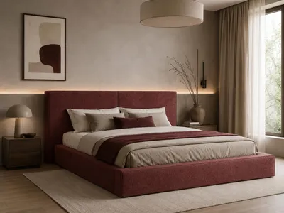 Produktbild von MOEBLO Polsterbett Bett 06 – Doppelbett mit gepolstertem Kopfteil, Bettkasten, Lattenrost und Gasfedermechanismus - 160x200 - Weinrot (Arena 8)