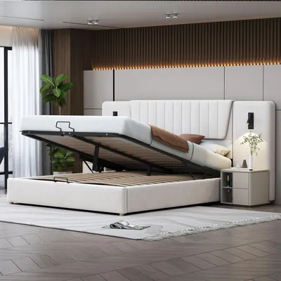 Zdjęcie produktu dla Łóżko tapicerowane Merax hydrauliczne, 180x200 cm, z lampkami LED do czytania, podwójne łóżko z portem USB do ładowania, łóżko z pojemnikiem na pościel i wyjątkowo wysokim oparciem, obite welurem, kolor beżowy