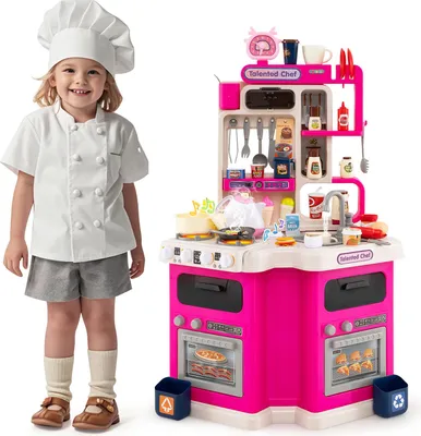 Immagine prodotto di Cucina per bambini COSTWAY, cucina per bambole con 113 accessori, luci, suoni, vapore, fornello, lavello e funzione acqua, cucina giocattolo per bambini 3+ Rosa