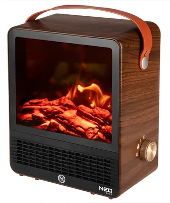 A product shot of a portable electric fireplace with a wood-grain finish.