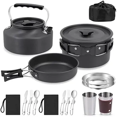 Produktbild von PromoHome® Outdoor Kochset - 14-teiliges faltbares Camping-Topfset, Aluminium, Schwarz, für 2-3 Personen
