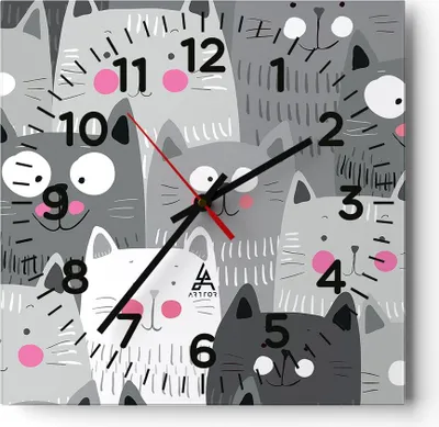 Produktbild von Wanduhr - Quadrat - Glasuhr - Kittys Tiere Illustration - 40x40cm - Schleichendes Uhrwerk - Lautlos - zum Aufhängen bereit - Dekoration Modern - Wanddekoration aus Glas - C4AC40x40-2890