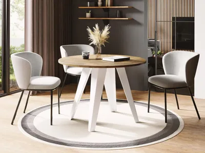 Produktbild von Esstisch Glory Weiß im Industriestil - Modern, Rund - Ausziehbar von 90 cm bis 130 cm, mit Pulverbeschichteten Metallbeinen, Tisch für Kleine Küche - Lancelot Eiche