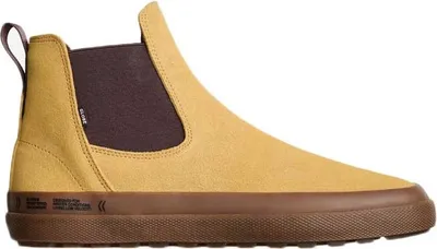 A single beige Chelsea boot is shown against a white background.