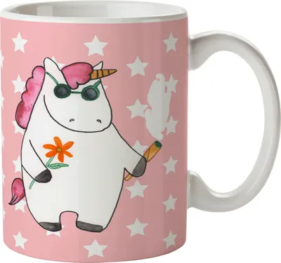 Produktbild von Mr. & Mrs. Panda Tasse Einhorn Woodstock - Rot Pastell - Geschenk, Unicorn, Kaffeetasse, Joint, Trinkbecher, Einhörner, Alkohol, Witzig, hochwertige, Kaffeebecher, Becher