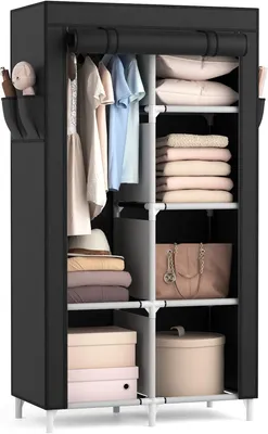 Productafbeelding van Stoffenkast met kledingrek, 84 x 42 x 162 cm, 6 planken, 4 zijzakken, zwart, voor slaapkamer