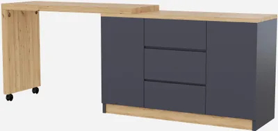 A 3D render of a gray and wood-tone desk with a rolling side table.
