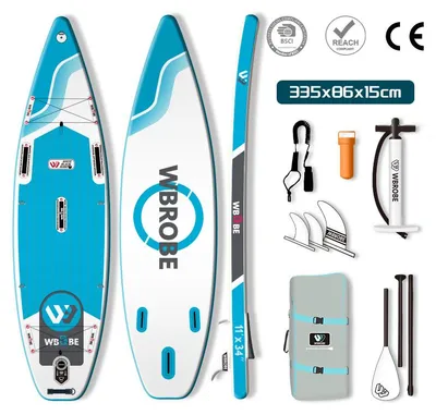 Obrázek produktu pro Nafukovací SUP deska WaveRite 335 cm s nožním pumpičkou, Stand Up Paddle do 200 kg, univerzální turistická deska, lehká, pro 1–2 osoby, protiskluzová, modrá