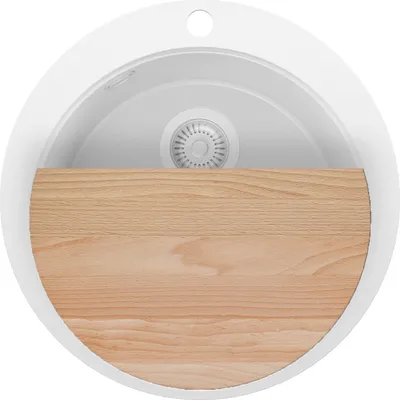 Produktbild von PRIMAGRAN Spülbecken Rund Alles Weiß 53x53cm, Granitspüle 1 Becken + Ablauf-Set + Schneidebrett, Küchenspüle ab 50er Unterschrank - Pisa Max