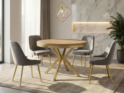 Produktbild von Runder Ausziehbarer Esstisch - Loft Style Tisch mit Goldenen Metallbeinen - 120 bis 200 cm - Industrieller Tisch für Wohnzimmer - Kompakt - 120 cm - Craft Eiche