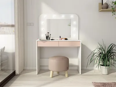 Image de Coiffeuse avec rangement & LED - Blanc & Rose - JOSEPHINE
