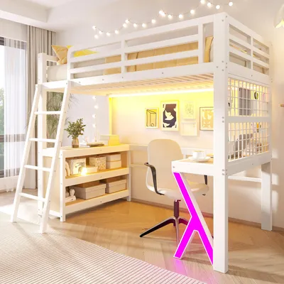 Produktbild von Flieks Etagenbett 90x200cm mit Led, Kinderbett Jugendbett mit Schreibtisch und Gitterregal, Hochbett Metallbett mit Schrank, Stockbett Weiß