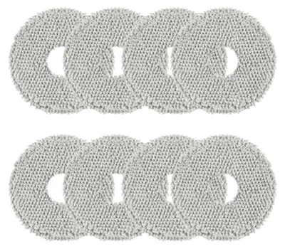 A top-down view of multiple grey circular mop pads with a hole in the center, arranged in two rows.