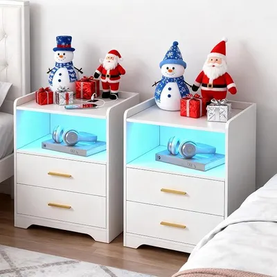 Immagine prodotto di Set di due comodini con funzione di ricarica, comodini LED con prese USB e Type-C, comodini con 24 colori di luce, moderni comodini con 2 cassetti, comodini in legno per la camera da letto, colore bianco