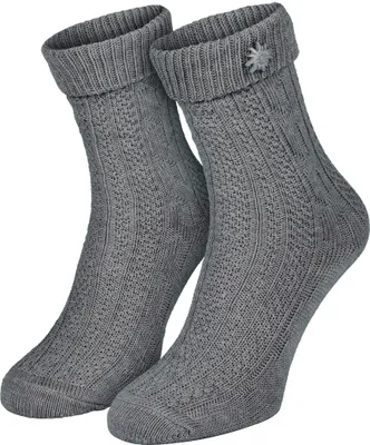 Produktbild von Trachtensocken für Damen & Herren - Schoppersocken mit klassischem Zopfmuster, weichem Umschlagbund & abnehmbarem Edelweiß-Pin - Grau - 43/46