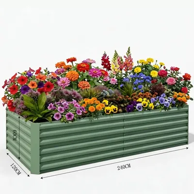 Image de Bordure surélevée - Bac de plantation rectangulaire - 240 x 120 x 60 cm - Métal galvanisé - Résistant à la rouille - Pour légumes, fleurs et herbes aromatiques