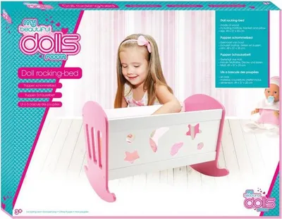 Produktbild von Puppen Schaukelbett Baby Wiege aus Holz weiß rosa lackiert Matratze Kissen Decke