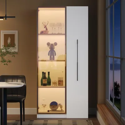 Image de OKWISH Vitrine Haute - Meuble de Rangement avec Portes en Verre, Éclairage LED Intégré et Tiroirs Latéraux, en MDF - 70 x 40 x 160 cm - Blanc
